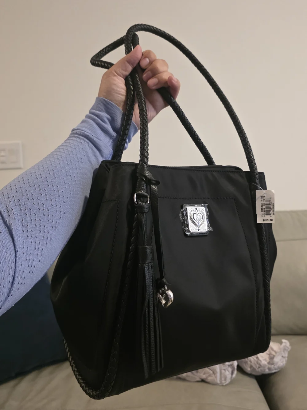 BRIGHTON JEWELRY ODESSA LARGE BLACK NYLON LEATHER TOTE BAG PURSE ENTWINED NEW